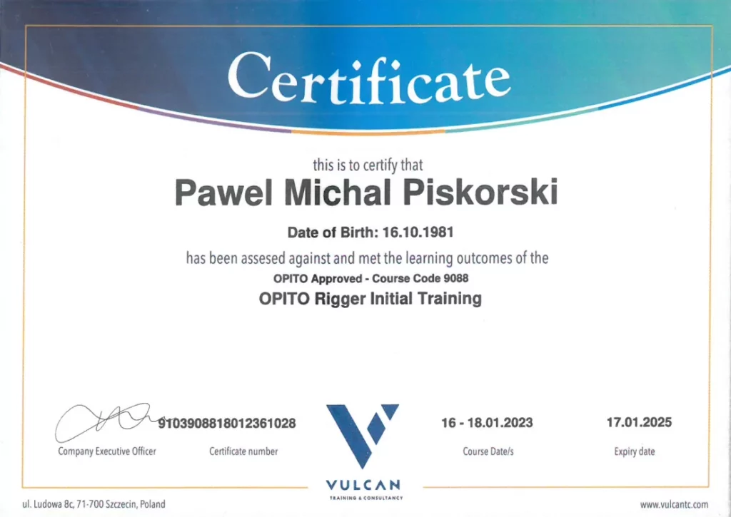 Certificate - OPITO Rigger Initial Training