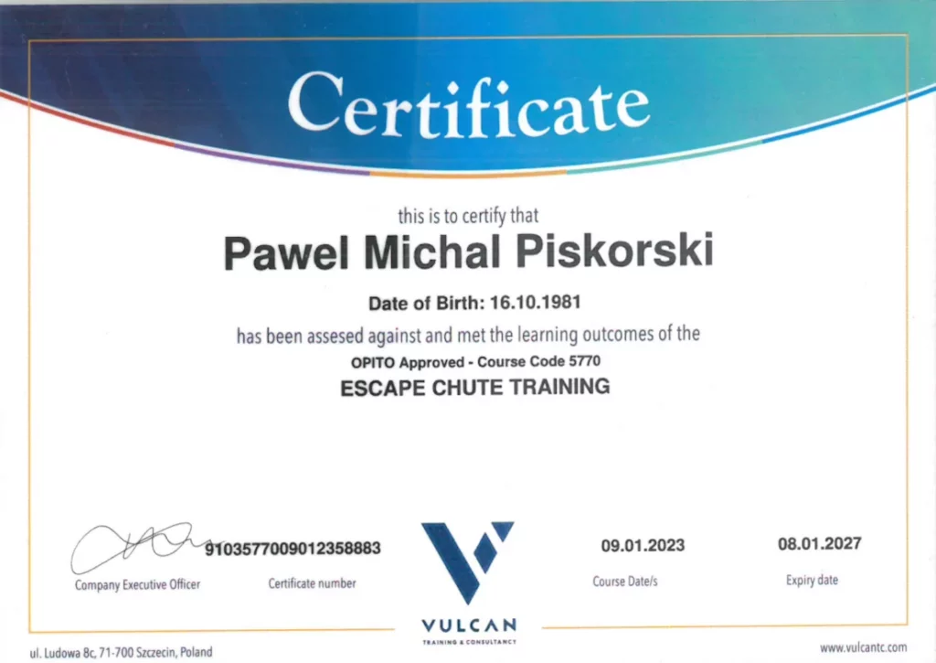 Certificate - Escape Chute Training